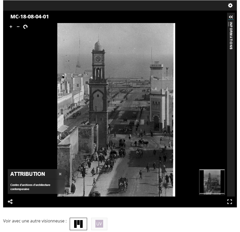 Image du visualiseur IIIF Universal Viewer montrant une photographie en noir et blanc de Casablanca.