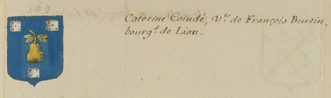 Coing et dés. Blason de Catherine Coindé. D'Hozier, province du lyonnais, BNF.