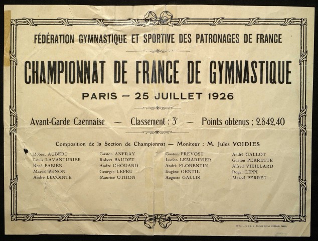Diplôme sportif des championnat de France de gymnastique en 1926