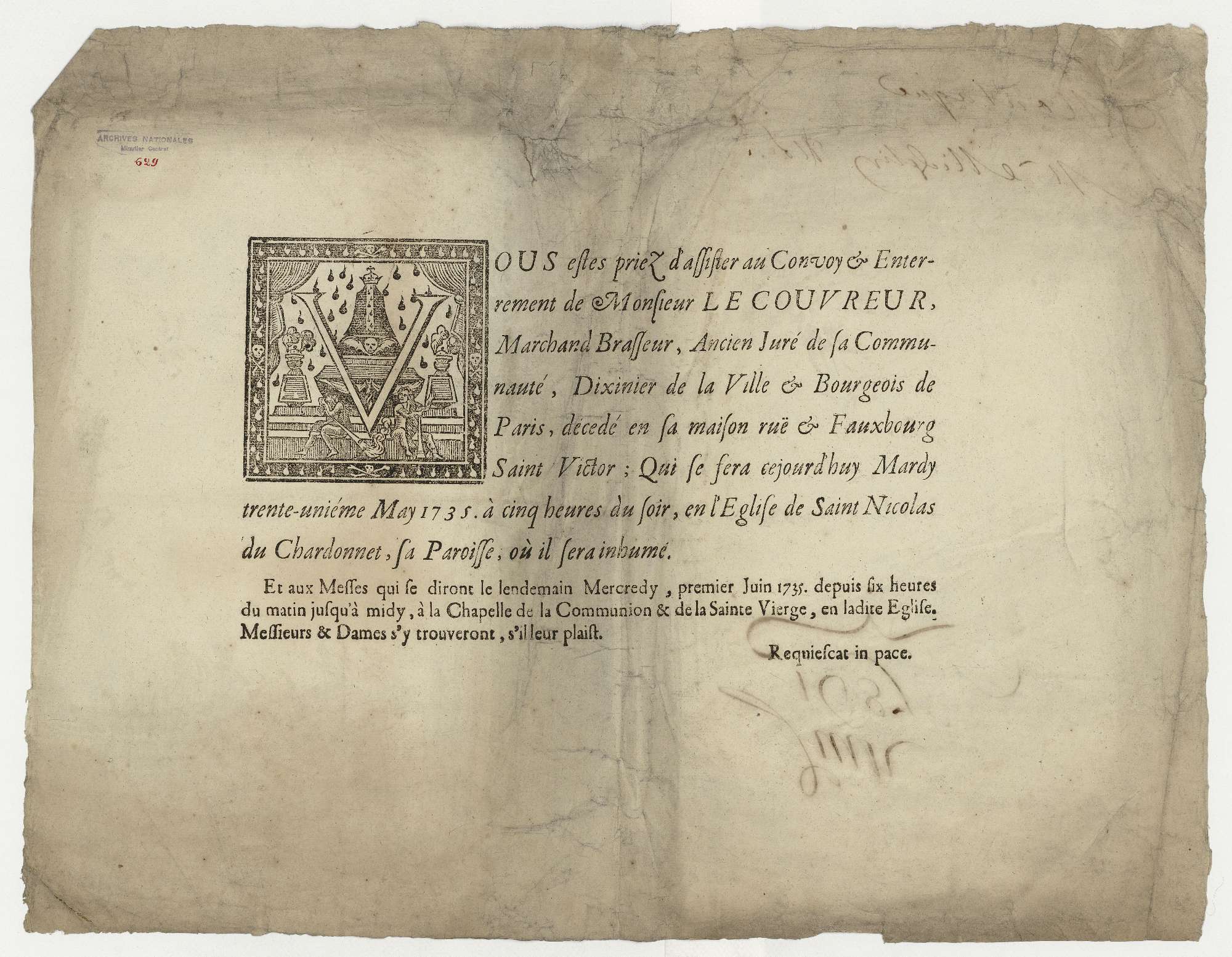Placard de décès de Le Couvreur, marchand brassier et bourgeois de Paris : la cérémonie sera célébrée le 31 mai 1735 en l'église de Saint-Nicolas du Chardonnet, où le défunt sera inhumé