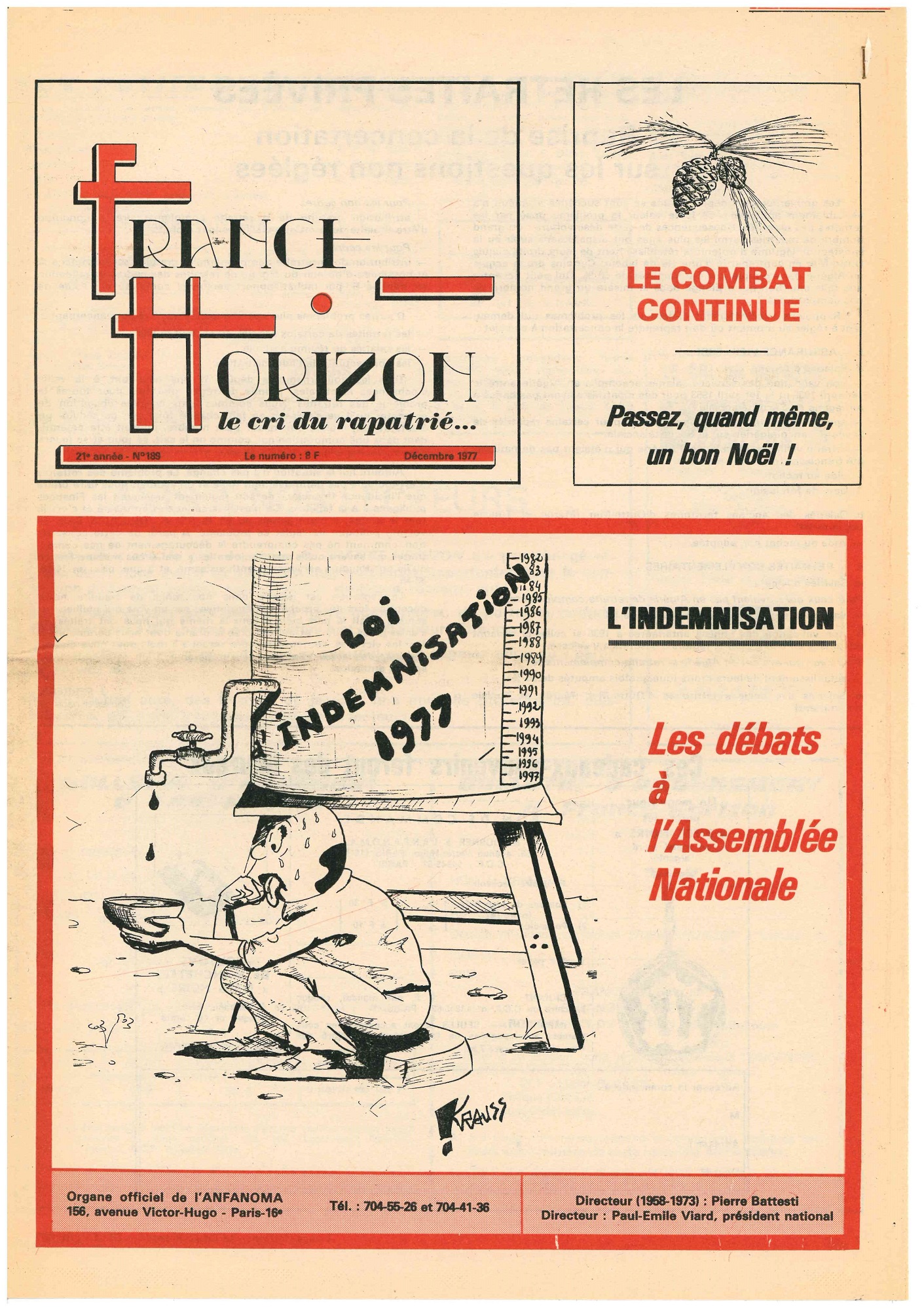 Une du périodique France-Horizon (n°185, décembre 1977), titrant sur l'indemnisation des rapatriés : "Lindemnisation, les débats à l'Assemblée nationale"