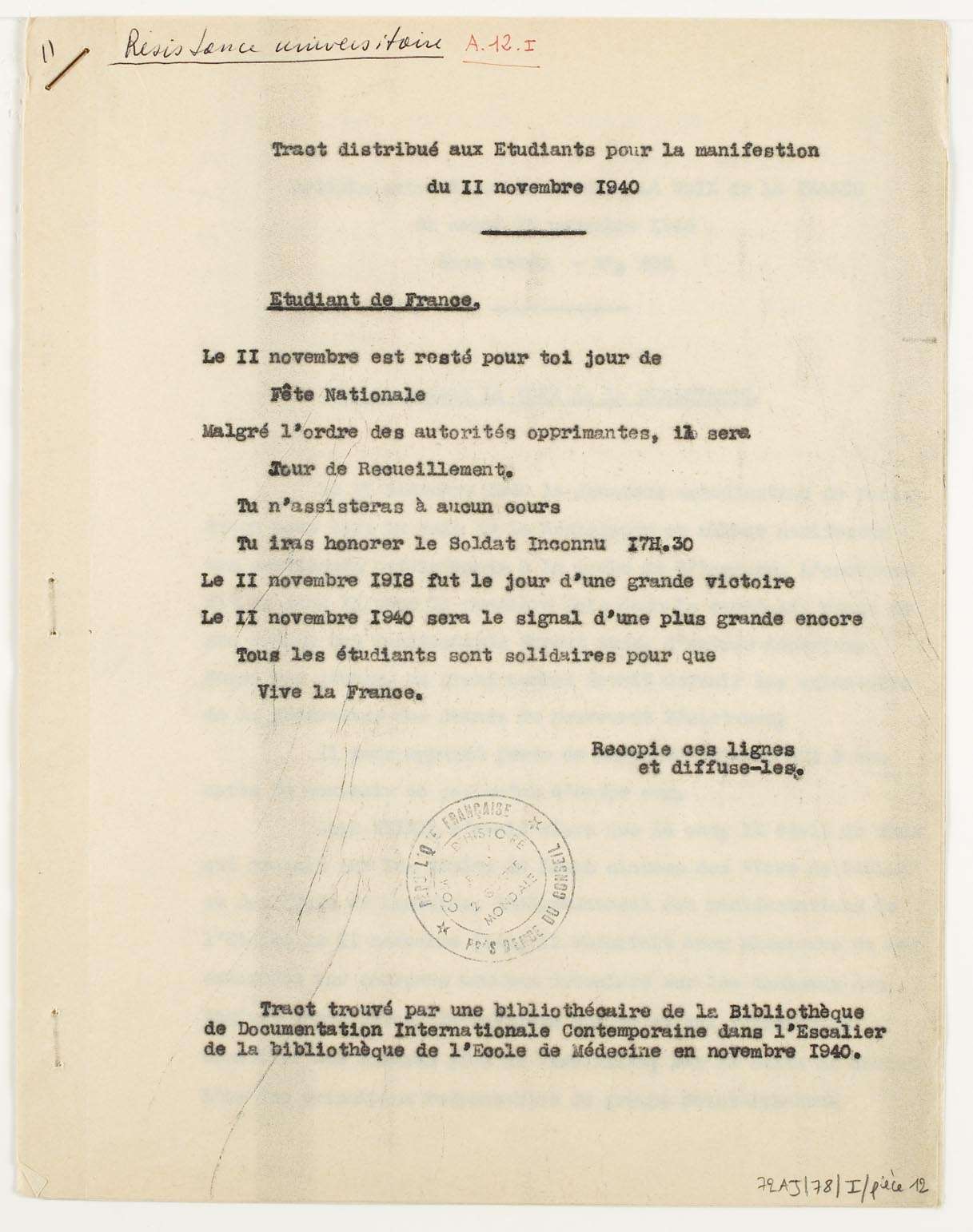 Tract dactylographié distribué aux étudiants pour la manifestation du 11 novembre 1940