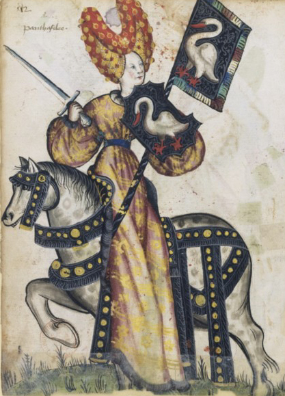 Blason de Penthésilée, Reine des Amazones, une des neufs Preuses. Petit armorial équestre de la Toison d'or, Ms Clairambault 1312, fol. 248, BNF