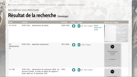 Capture d&#39;écran des résultats de recherche sur le site des Archives de Saint-...