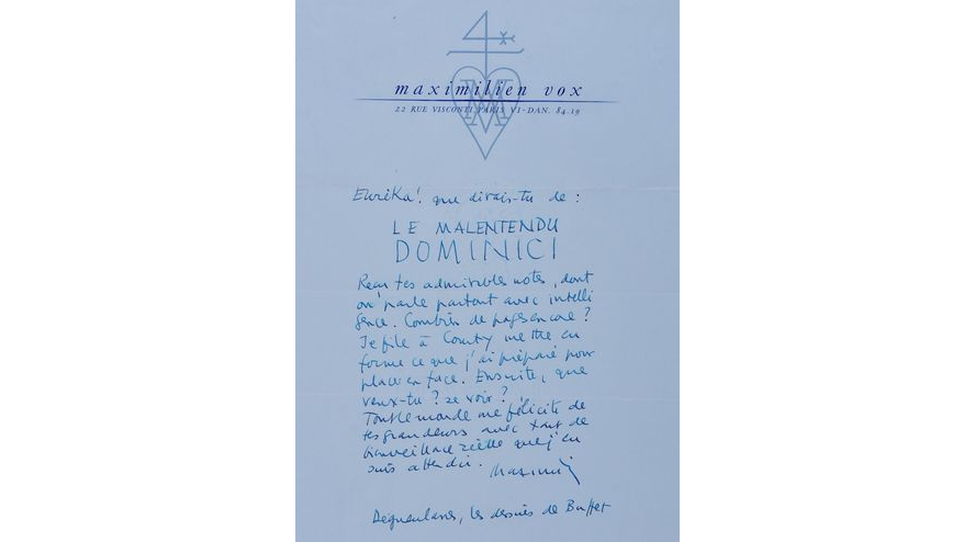 image d'une lettre de Maximilien Vox à Jean Giono, décembre 1954