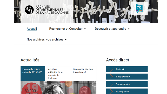 Capture d'écran du site internet des Archives de la Haute-Garonne