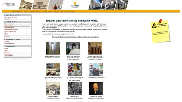 Page d'accueil du site web des Archives d'Hyères