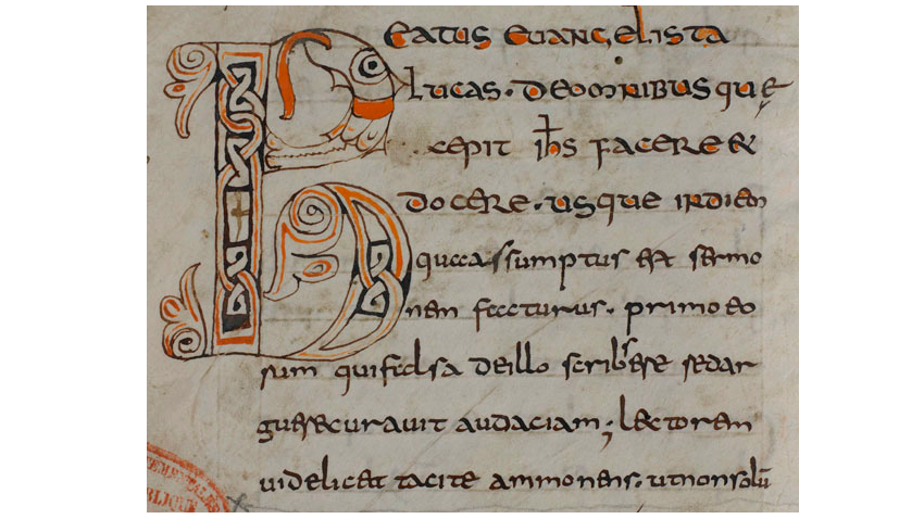 Première lettre calligraphiée du commentaire par Bède le Vénérable de l’Evang...